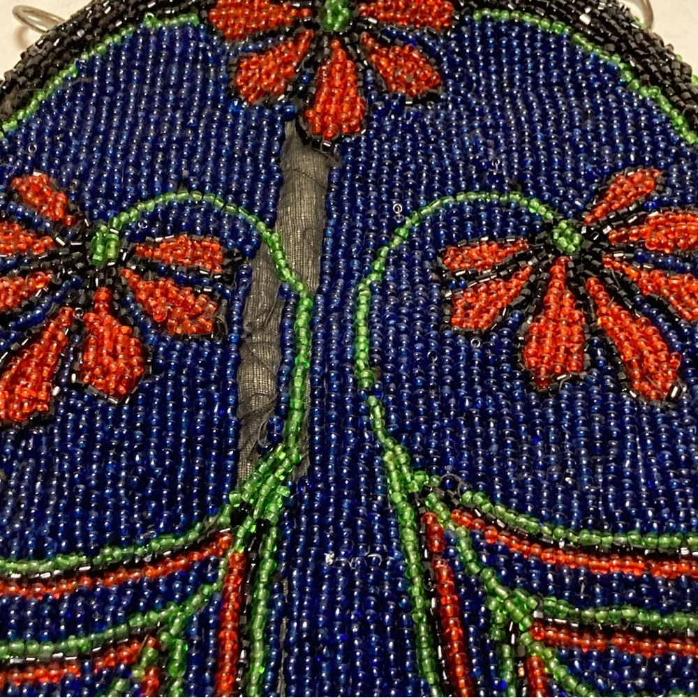 vintage 1920s Art Nouveau microbeaded glass bead purse blue red flower - AS IS - Picture 4 of 13